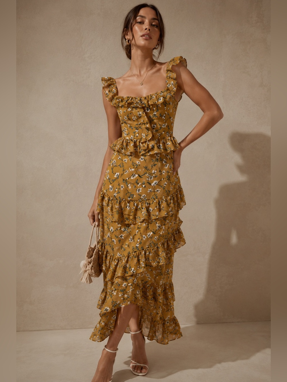 Revolve Tularosa Lily Mustard Yellow Floral Ruffle Tiered Midi Dress Women’s M